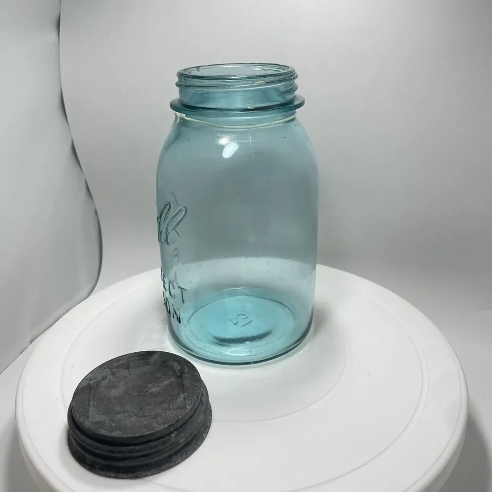 Vtg Ball Perfect Mason Green Glass Jar w Zinc Lid Wide Mouth Quart #3